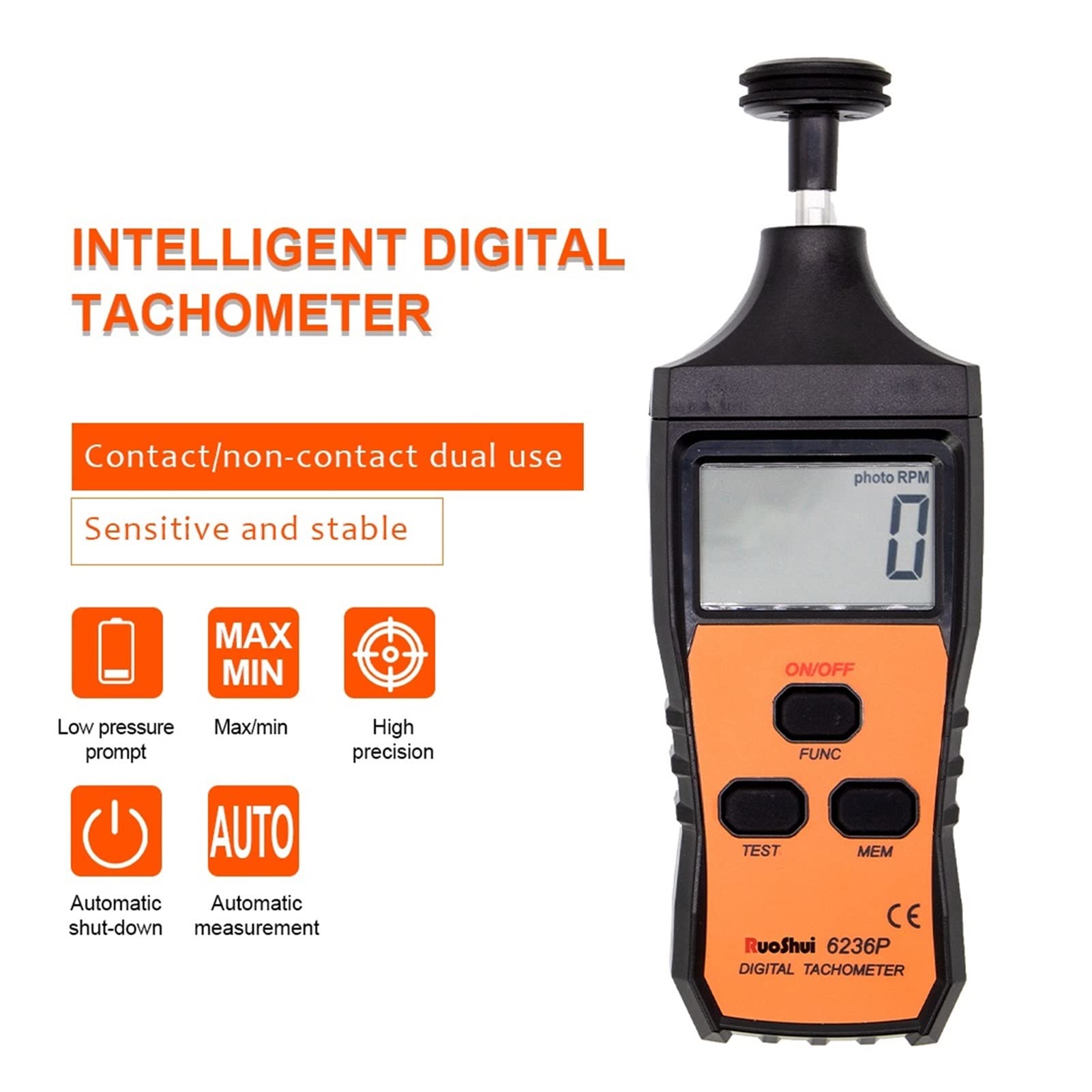 Tacómetro digital 6236p Tacómetro de láser sin contacto Rango de automóviles 10-99999 Rpm Probador de velocidad de rotación de la máquina del odómetro km/h