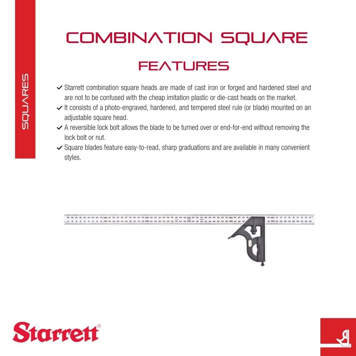 Starrett 11MH-600 - Squadra combinata da 600 mm con elemento angolare, sistema metrico