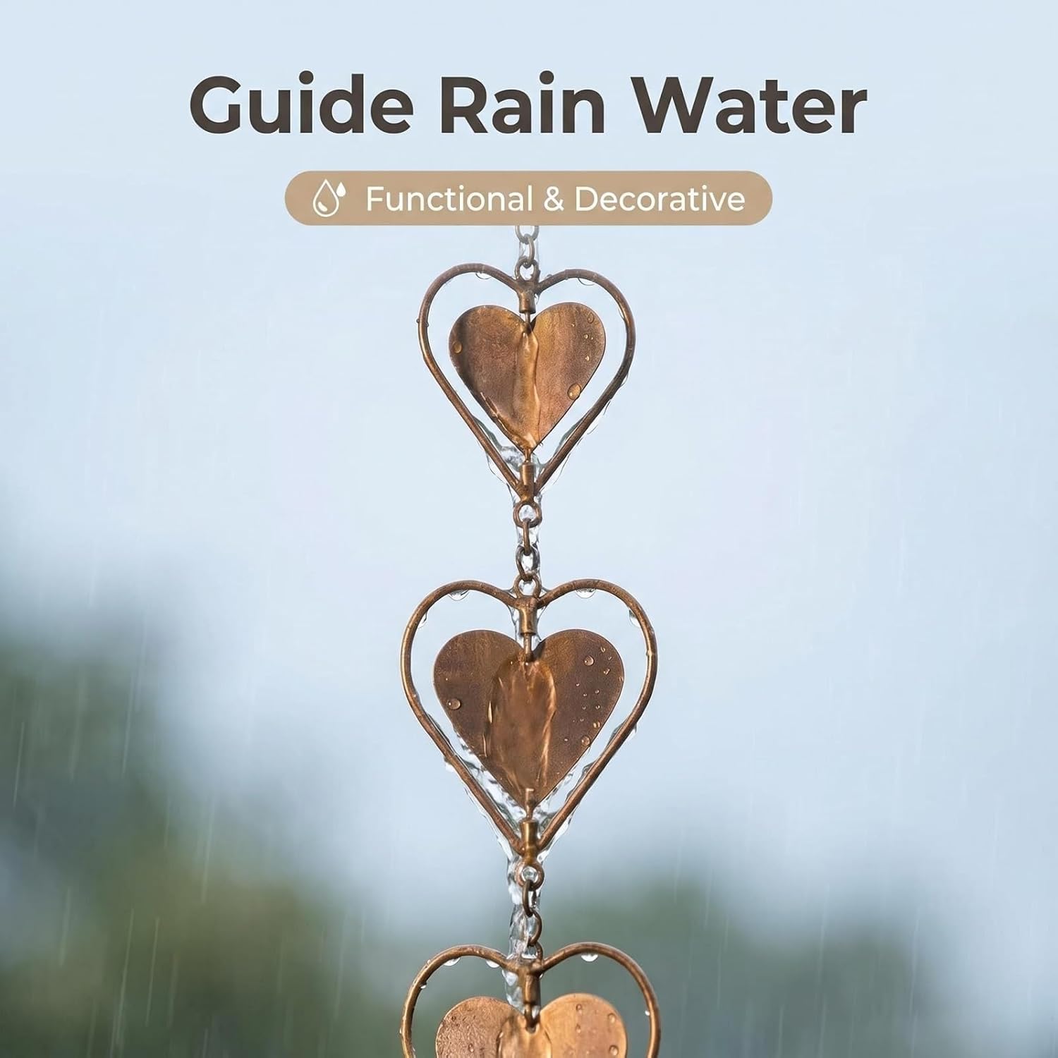 Hanging Rain Chains,Rustic Heart Rain Chain for Gutters 4.56FT, Creative Heart Bell Style Link Rain Chain with Metal Chains for for Office Window Stone Wall Decorative Wall Art Ornaments image 4