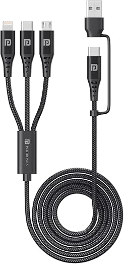 Portronics Konnect J9 3-in-1 (Type C + 8Pin + Micro USB) Cable with Changeable USB Head with 3.0 A Total Output, 1.5M Cable Length(Black)