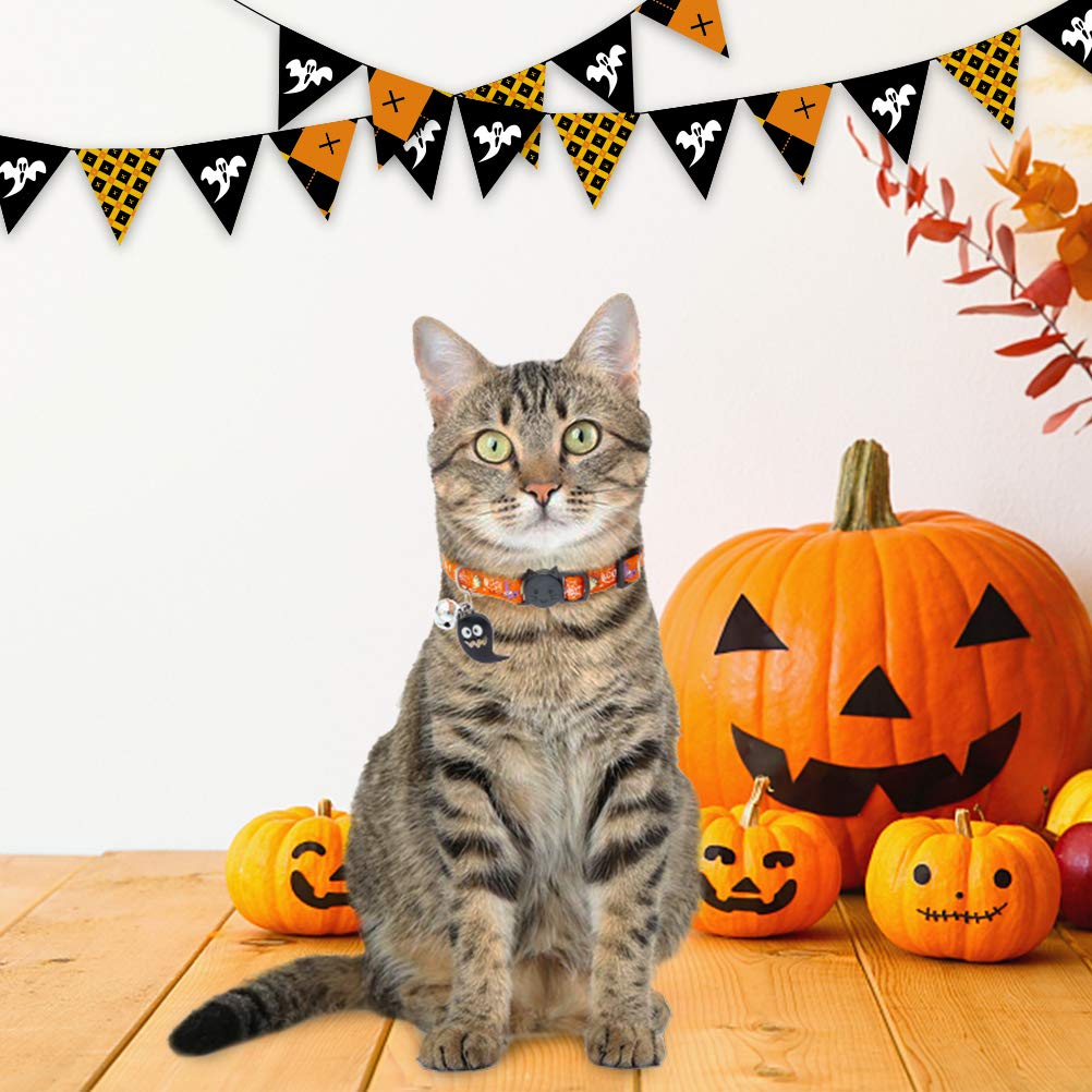 EXPAWLORER Katzenhalsband-Set im Halloween-Stil, leuchtend, verstellbar, mit süßem Geister-Zubehör, langlebiges Halsband mit sicherer Schnalle für Katzen, Kätzchen und kleine Welpen, 2 Stück