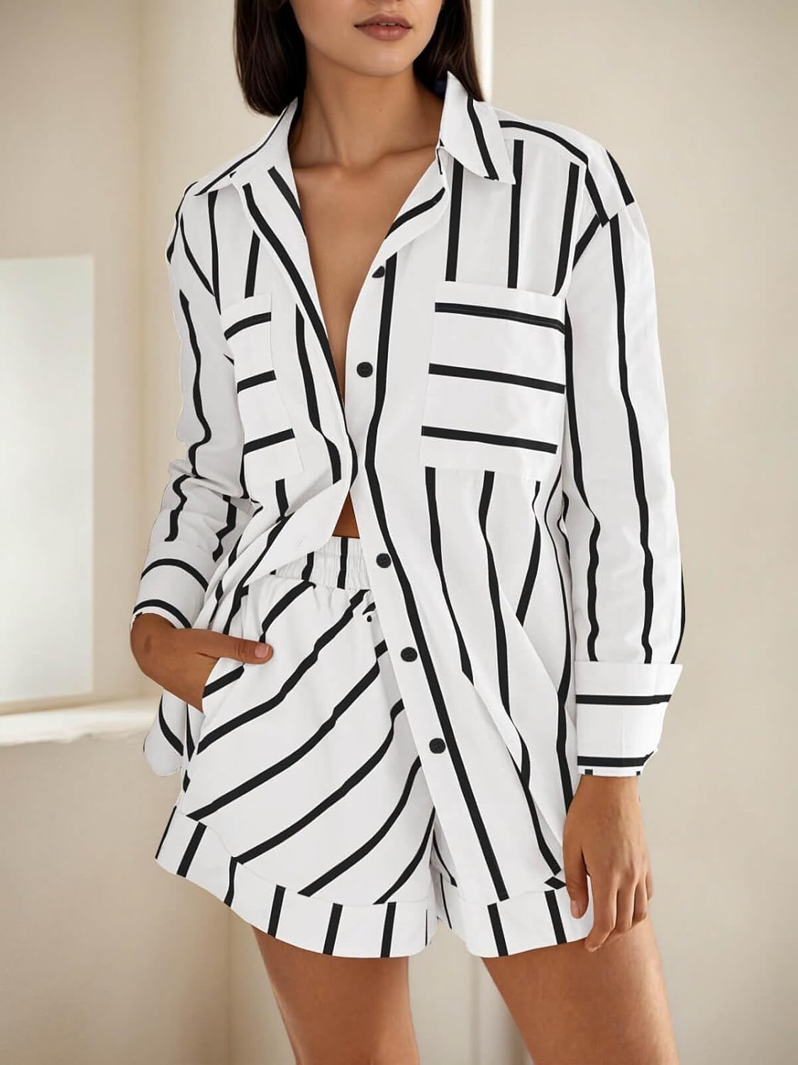 Tankaneo Womens Striped 2 Piece Outfits Button Down Shirts and Shorts Lounge Matching Sets - Image 2