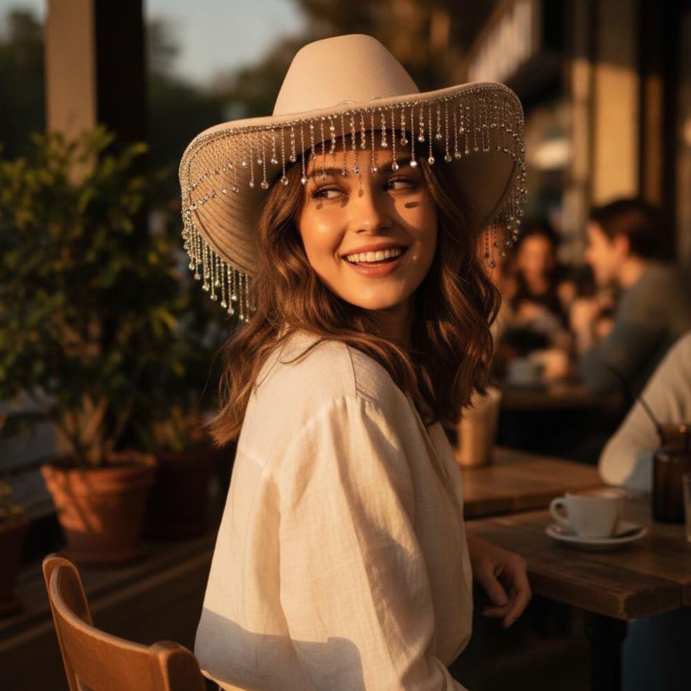 Rhinestone Fringe Cowboy Hat for Women, Western Cowgirl Hats Fancy Dress Accessory for Festivals, Concerts, Cowgirl or Cowboy Outfits