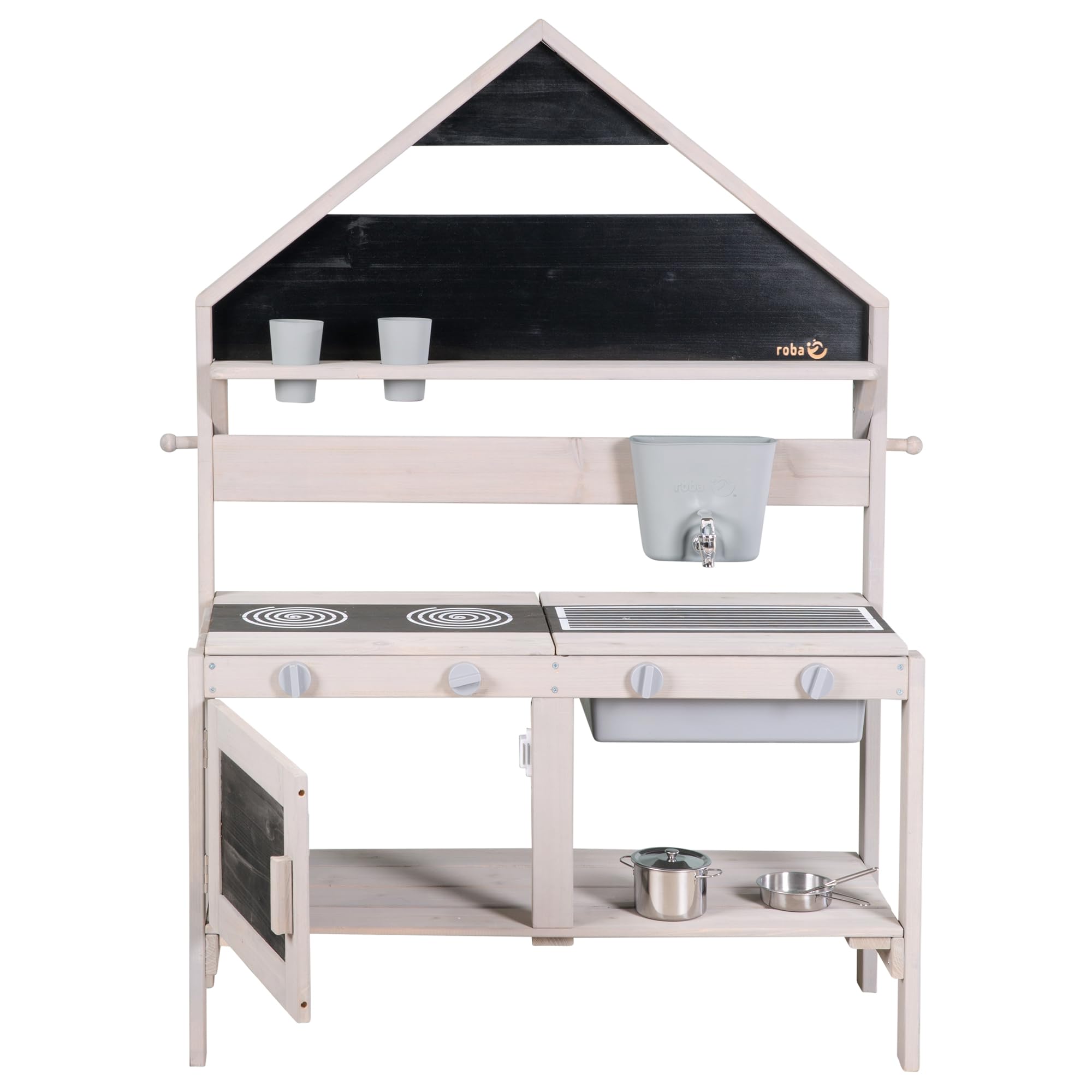 roba Cocina para Niños con Diseño de Casa - Cocinita de Juego Funcional para Exteriores con Accesorios - Madera Maciza Certificada FSC - Gris Esmaltado