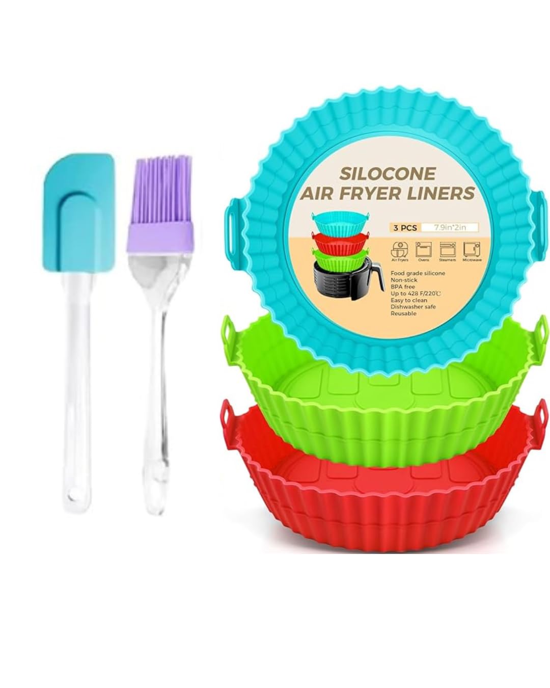 Silicone Air Fryer Liners with Ear Handles 3 Pcs – Reusable Round Baking Tray, Ideal for Home Cooking + Oil Brush & Spatula-image-34