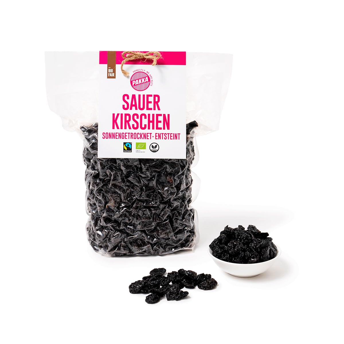 PAKKA - Bio Fairtrade Premium Sauerkirschen sonnengetrocknet 750g, Öko wildgesammelte, ungeölte, ungesüsste aromatische Kirschen von Kleinbauern aus Samarkand, Usbekistan, vegan, 750g