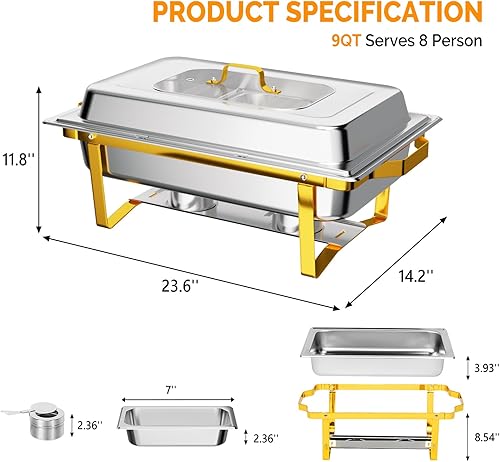 Miniatura 8 de ROVSUN Juego de bufé de 8 cuartos de galón, acero inoxidable, calentador de alimentos de restaurante, estufa de bufé rectangular con 3 bandejas de
