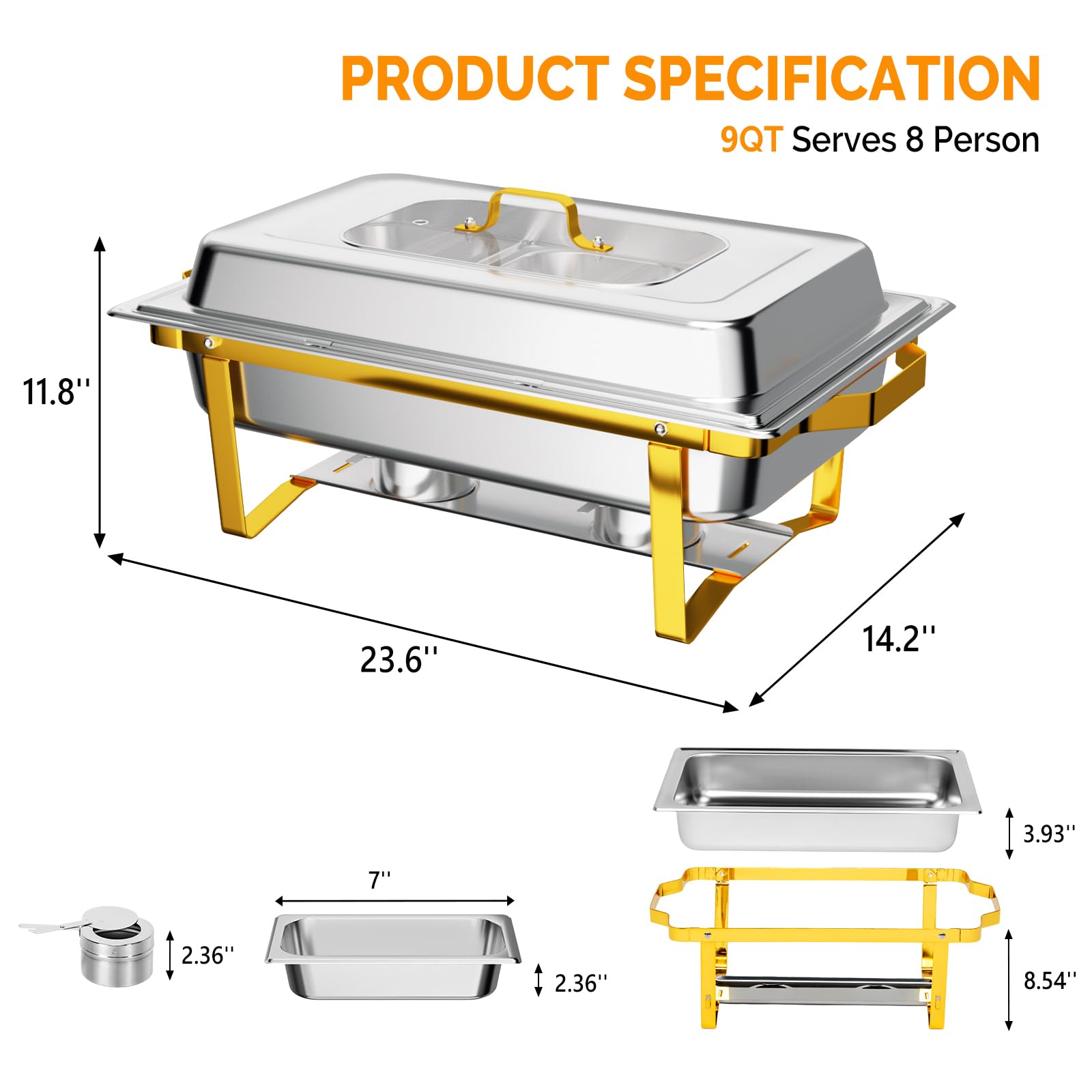 RoVSUN - Plato de Acero Inoxidable para Servir Comida, 8 Cuartos de galón, Calentador de Alimentos para restaurantes, Estufa Rectangular para bufé con Marco Plegable para Fiestas