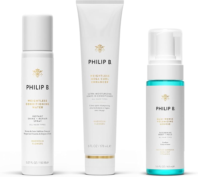 PHILIP B Wavy + Curly Hair Bundle - Includes Weightless Conditioning Water, Mega Curl Enhancer Leave-In Conditioner, Maui Wowie Volumizing Mousse