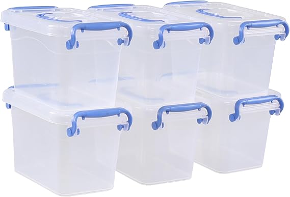 6 Packs 1.5 L Plastic Storage Boxes with Lid, Small Clear Stackable Box for Shelves, Stationery, Desk Supplies | Stackable Bin with Latch, Clear