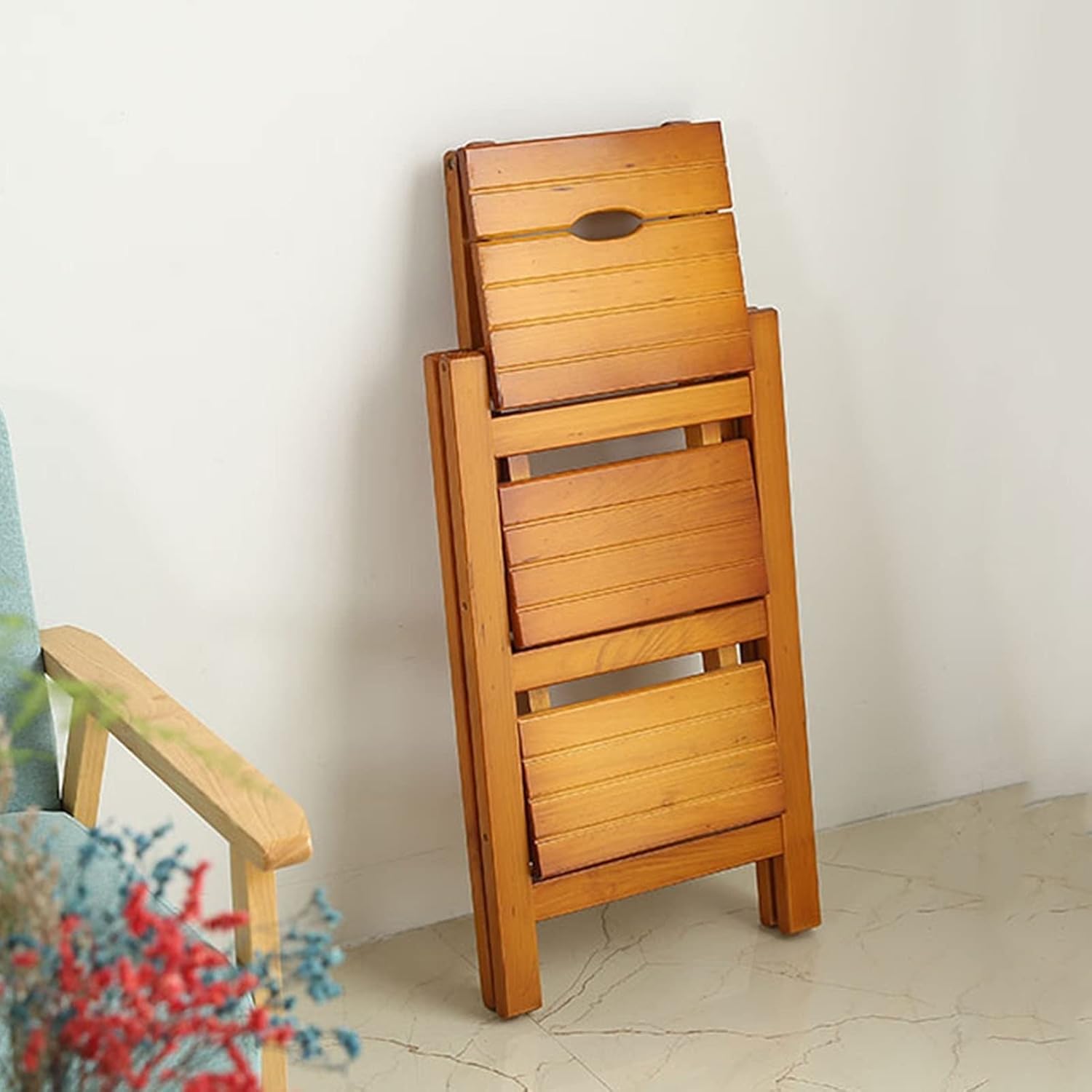 Folding 3 Step Ladder Stools Chair Wooden Step Stool for Indoor and Outdoor Climb Multi-Function Portable Stepladder Shoe Bench/Flower Rack