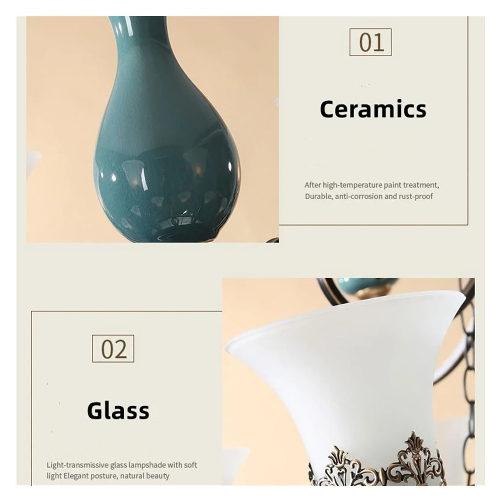 Lámparas de araña de cerámica V-intage europeas, luminaria de pantalla de cristal con brazo de hierro y Metal de diseño clásico antiguo Compatible with sala de estar y . , Lámparas colgantes modernas