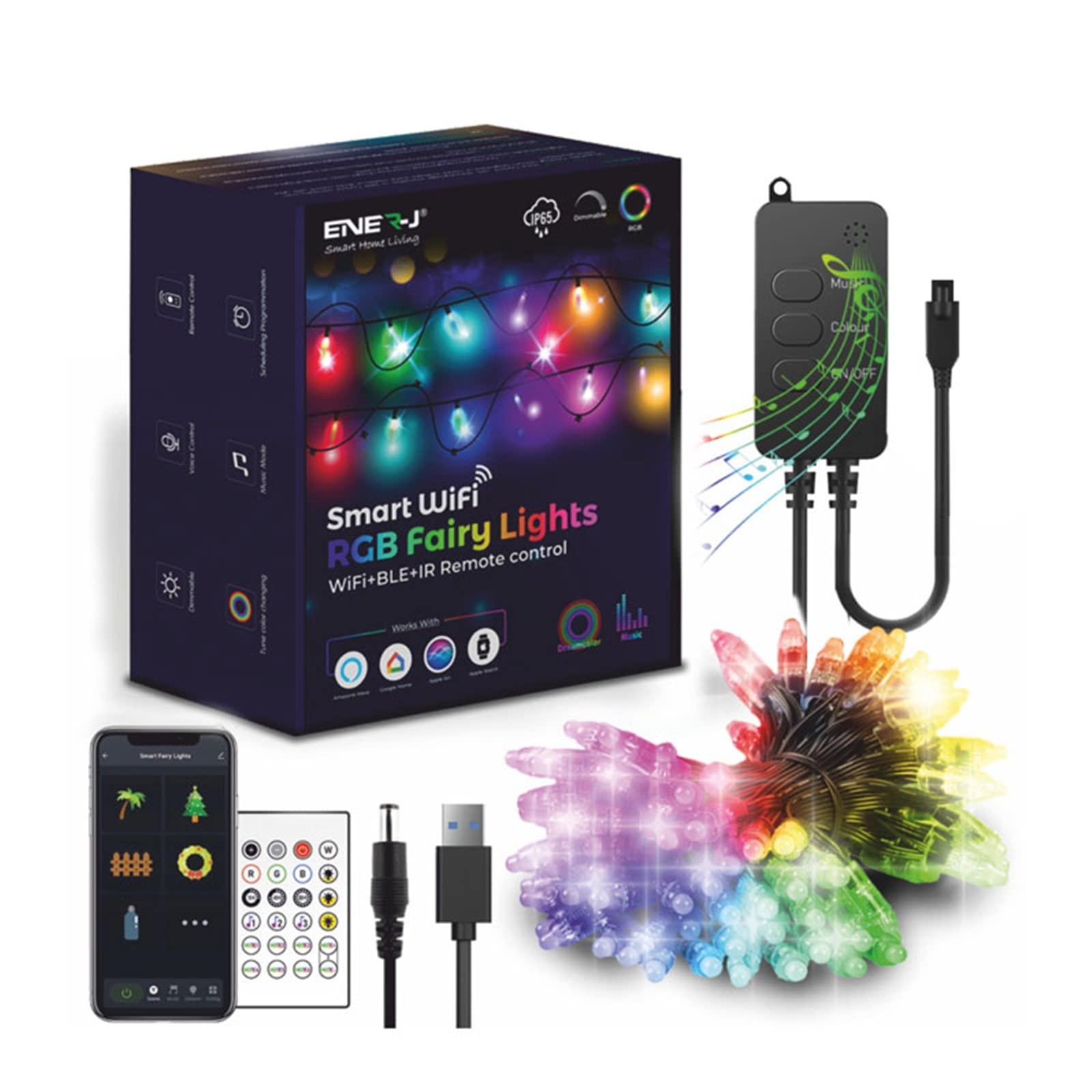 ENERJ Wi-Fi Smart Led Fairy Lights 5M RGB USB Charge LED Strip Lights Alexa Google Home Control IP66 Waterproof Home and Outdoor Décor…