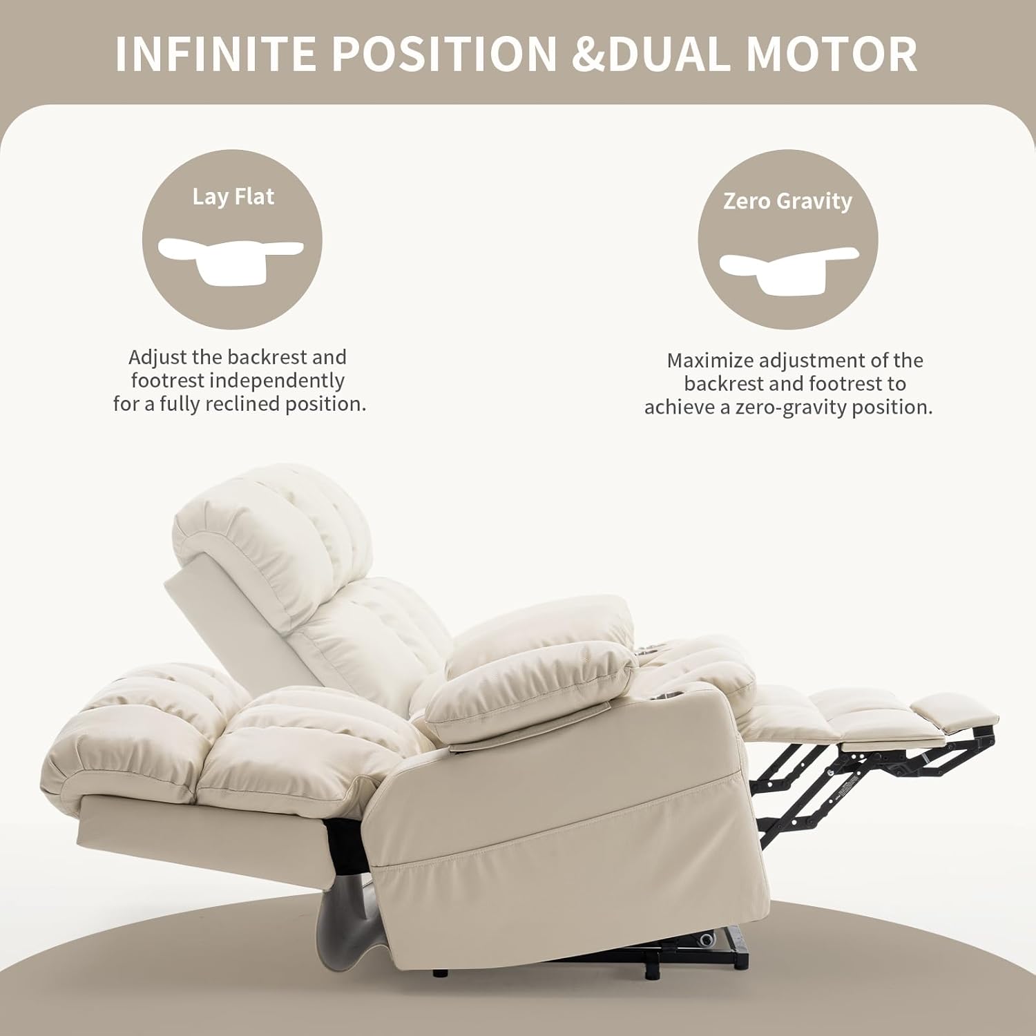Illustration of infinite recline positions and dual motor functionality