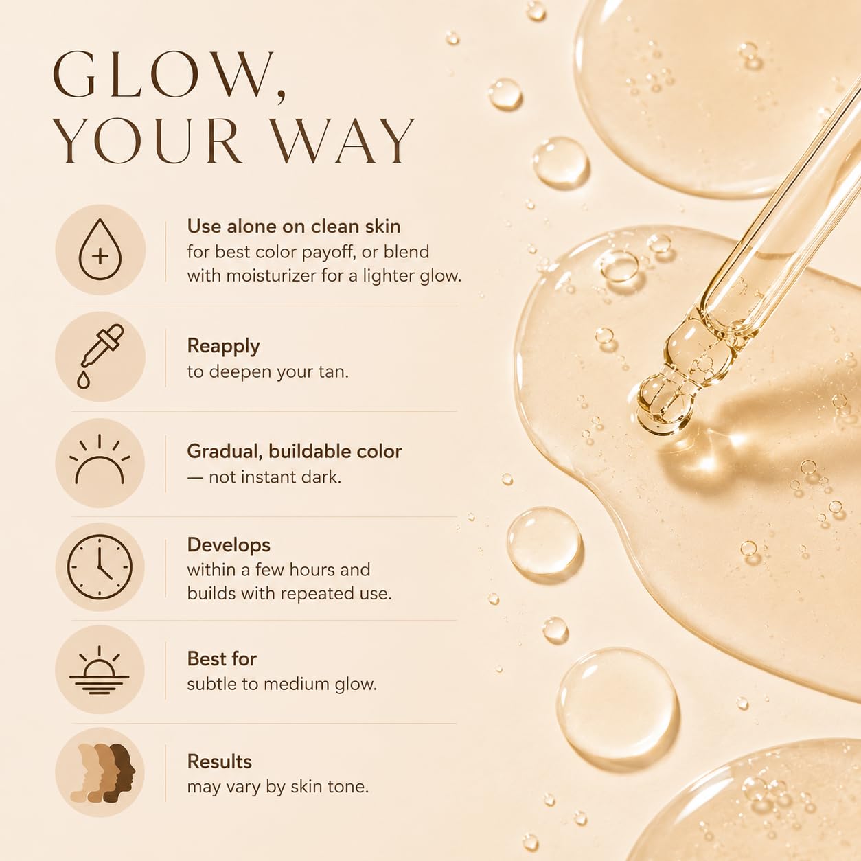 Self Tanning Drops for Face & Body –Cinnamon Sun - Gradual Sunless Tanner with Hyaluronic Acid & Vitamin E – Lightweight Bronzing Glow for All Skin Types – Fragrance Free Daily Glow Drops