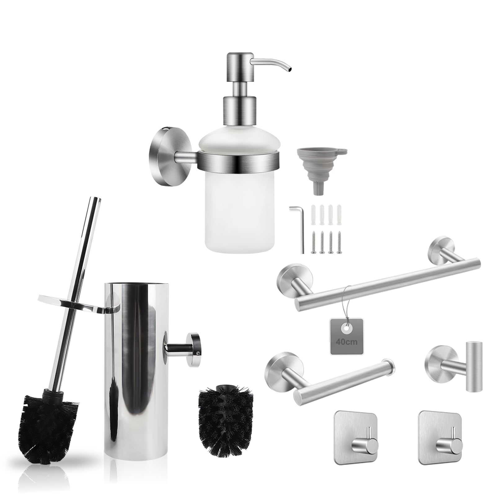 EXLECO Seifenspender Wandmontage Silber mit Handtuchhalter & WC-Bürste