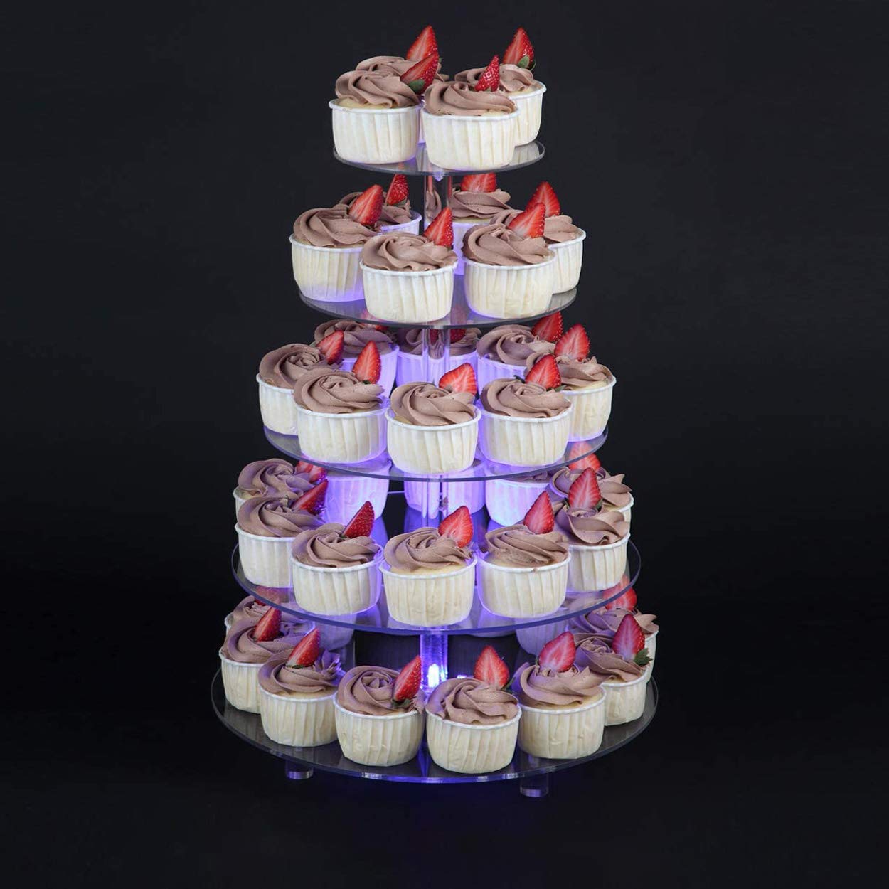 Sumerflos 7 Color-Changing Cupcake Stand - 5 Tier Clear Acrylic Dessert Tree Tower with LED Light - Wedding, Party, and Baby Shower Cake Pastry Display Holder (Round)