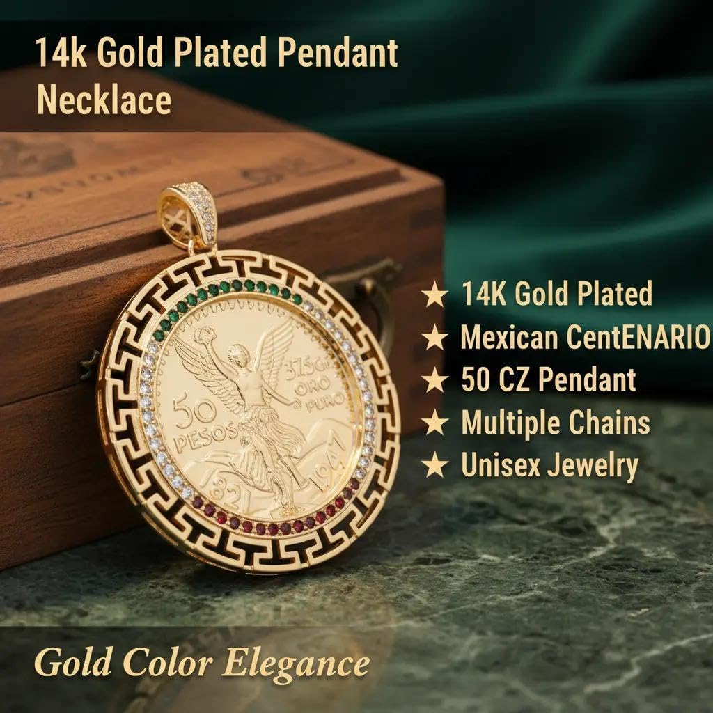 14K Gold Plated 50 Mexican Peso Coin Only Pendant – Religious Jewelry – Hip Hop Unisex Necklace Charm – Mexican Souvenir Brass Accessory for Men and Women – Aztec Calendar Style Design
