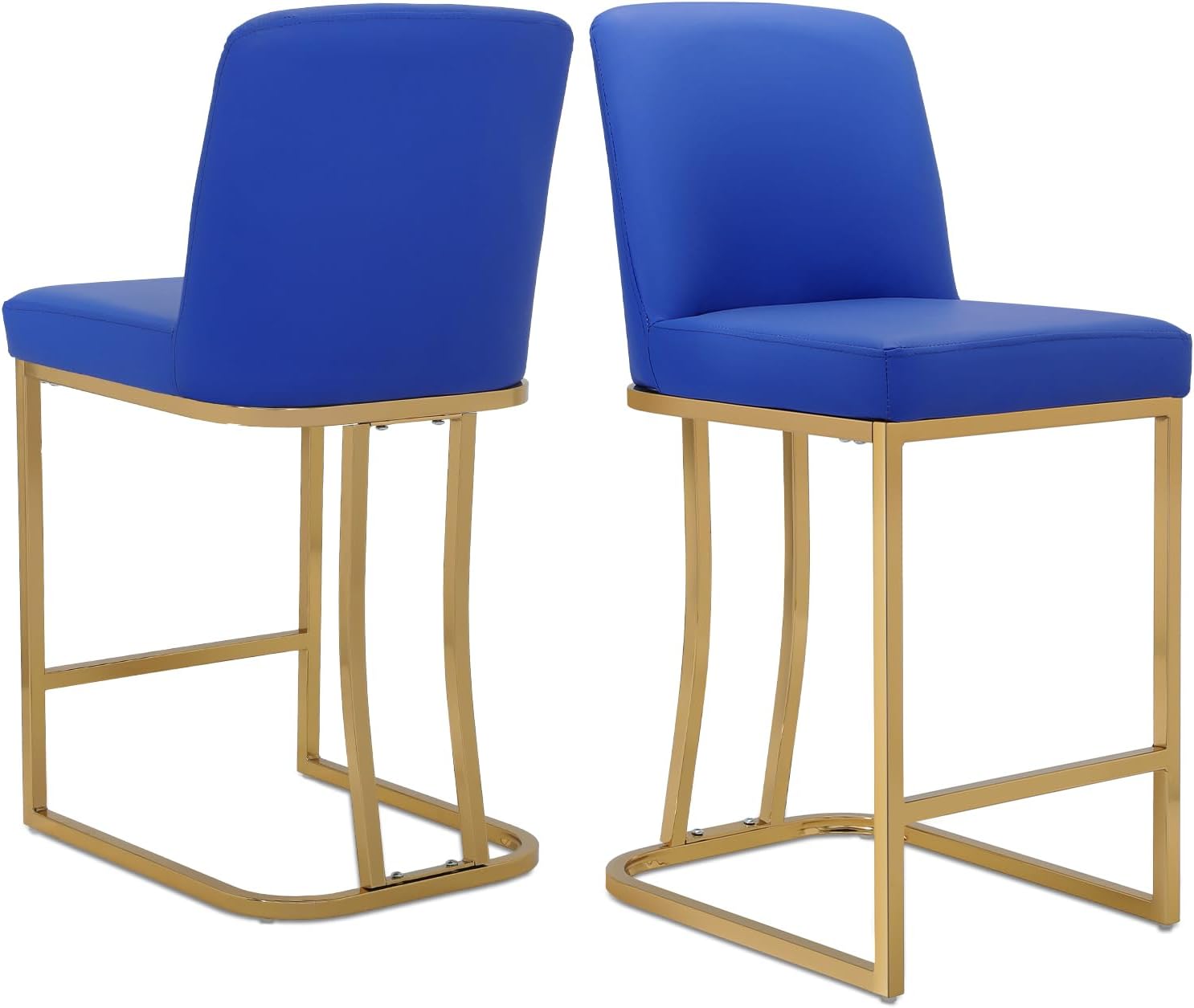 Athena Collection Counter Height Bar Stools Set of 2, 23.5 Inches Leather Upholstered Barstool Set of 2 with Back and Metal Legs, Modern Bar Stool Chairs for Kitchen Island, Dining Room, Blue