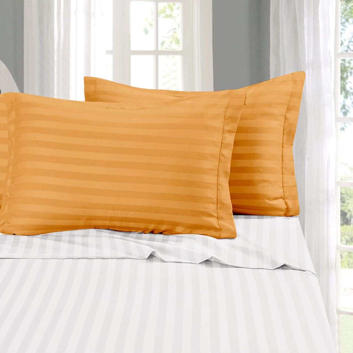 Cloth Fusion Pillow Covers | Soft Satin Striped Pillow Cases | 18×27 Inches (Mustard)