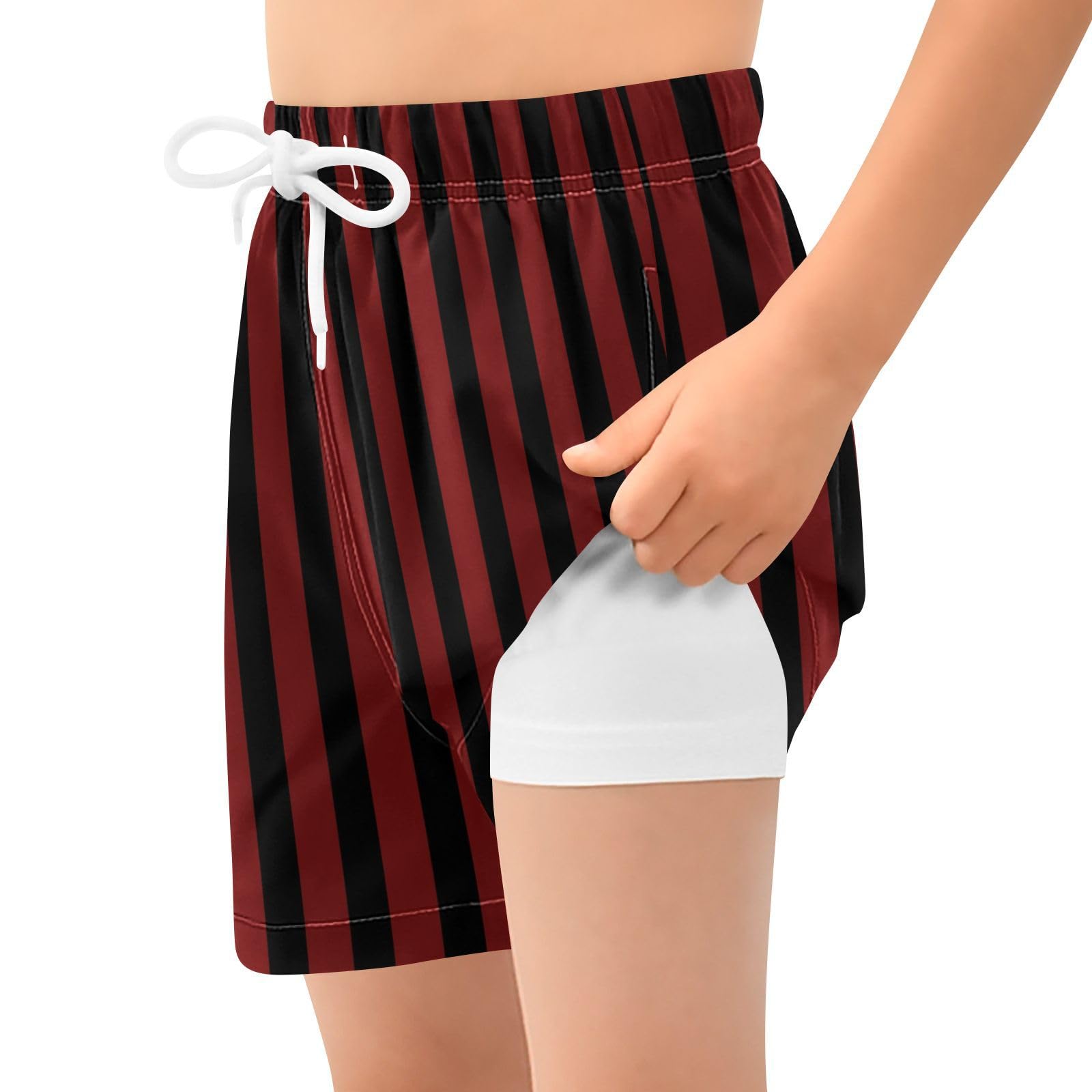 FLildon Dark Red Black Stripes Boys Swim Trunks with Compression Liner Quick Dry Bathing Bottom Kids Beach Shorts, 9-11 Years