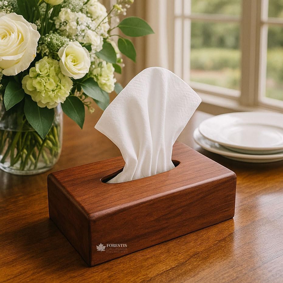 Image of Wooden Tissue Box| Rosewood Napkin Box| Tissue Holder Organizer for Table, Home, Office, Car| Rectangular Facial Paper Cloth Storage Case| Dispenser (Rosewood Plain, 9X5 Inches)