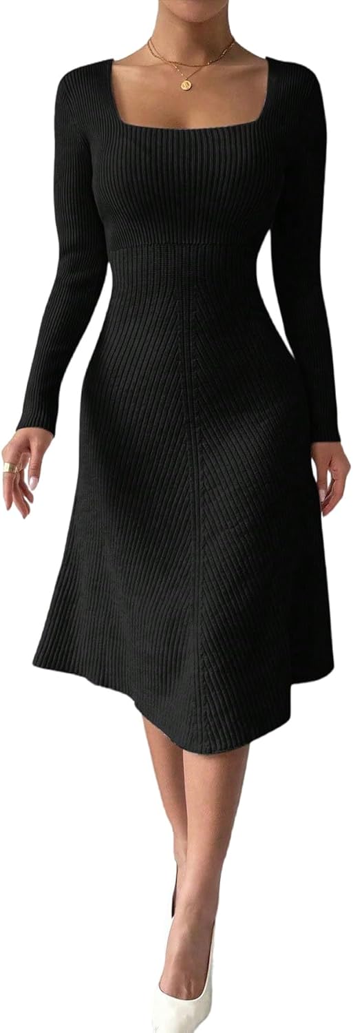 Women's Casual Rib Knit Square Neck Long Sleeve Flowy Midi Pullover Sweater Dress - Image 3