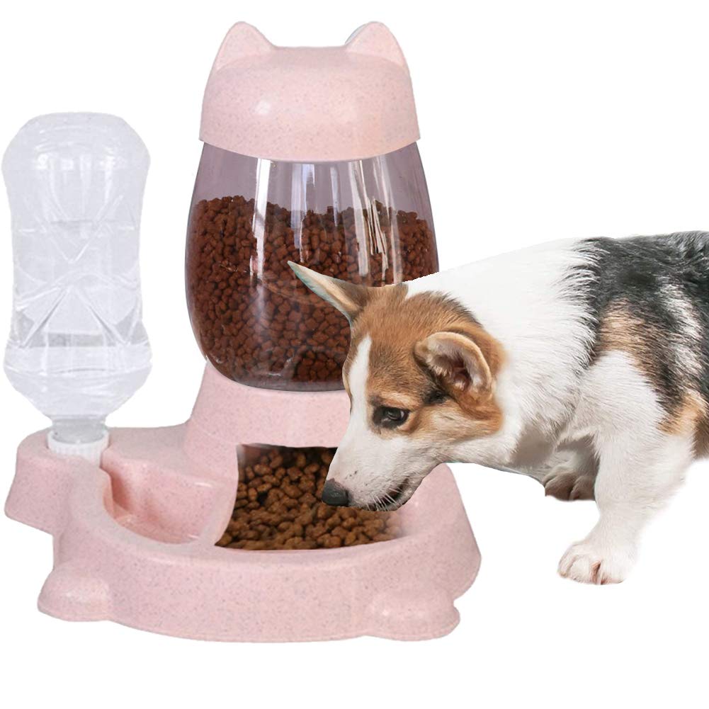 Tierfutter Und Wasser Für Hunde Und Katzen, Automatischer Wasserfutter-Spender, Selbstspendende Schwerkraft-Futterschale Mit Flasche Für Kleine/Mittlere Welpen Und Kätzchen,Rosa