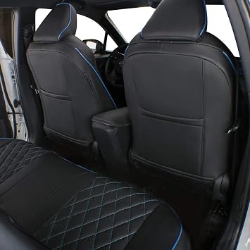 EKR Custom Fit CHR Seat Covers for Select Toyota CHR 2018 2019 2020 2021 2022 Full Set - Leather (Black with Blue Trim) | Fits Toyota CHR 2018,2019,2020,2021,2022,for Trucks SUV,Faux Leather(Black with Blue Trim)