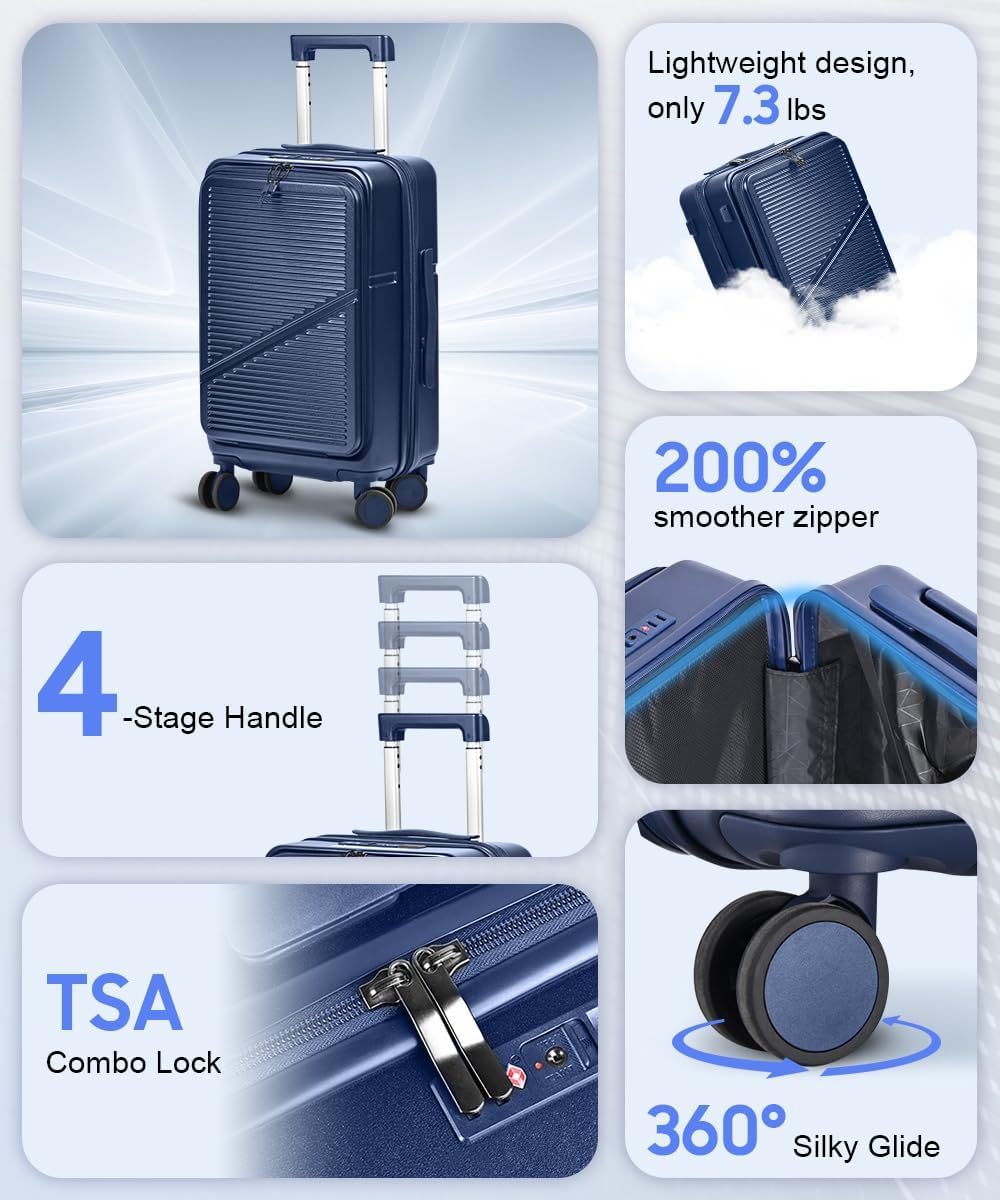 Hard Shell Luggage Set 4 Piece with Spinner Wheels, 20/24/28 Inch Suitcases with TSA Lock, 20in Carry On with Front Laptop Pocket & USB Port, Travel Suitcase Set with Cosmetic Case