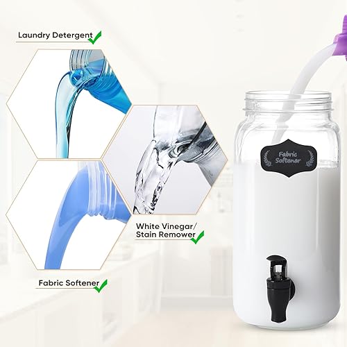 Miniatura 6 de GADFISH Dispensador de detergente líquido para ropa sucia, tres tarros de vidrio para detergente líquido, blanqueador, suavizante de tela,