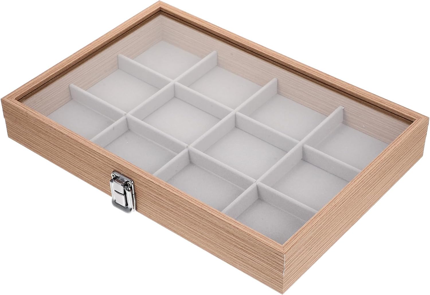 Wood Jewelry Organizer Box with Lid 12-grid Large Capacity Display Case Portable Window Jewelry Storage Tray for Bedroom and Travel