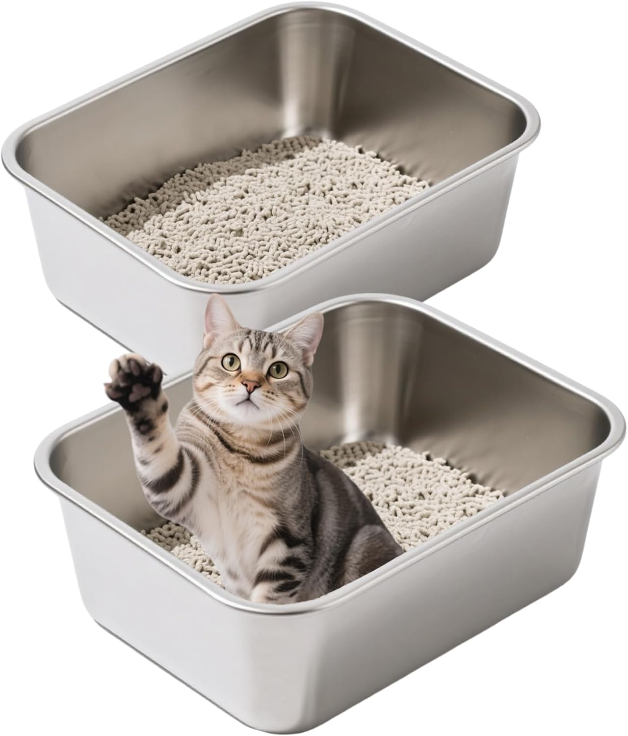 2 Pack Stainless Steel Cat Litter Box Large Metal Litter Pan Tray High Sided Cat Box, Pet Toilet Supplies for Indoor Cats Kitten Rabbit - Non Stick, No Smell, Easy to Clean - 17.72x13.78x5.91 Inch