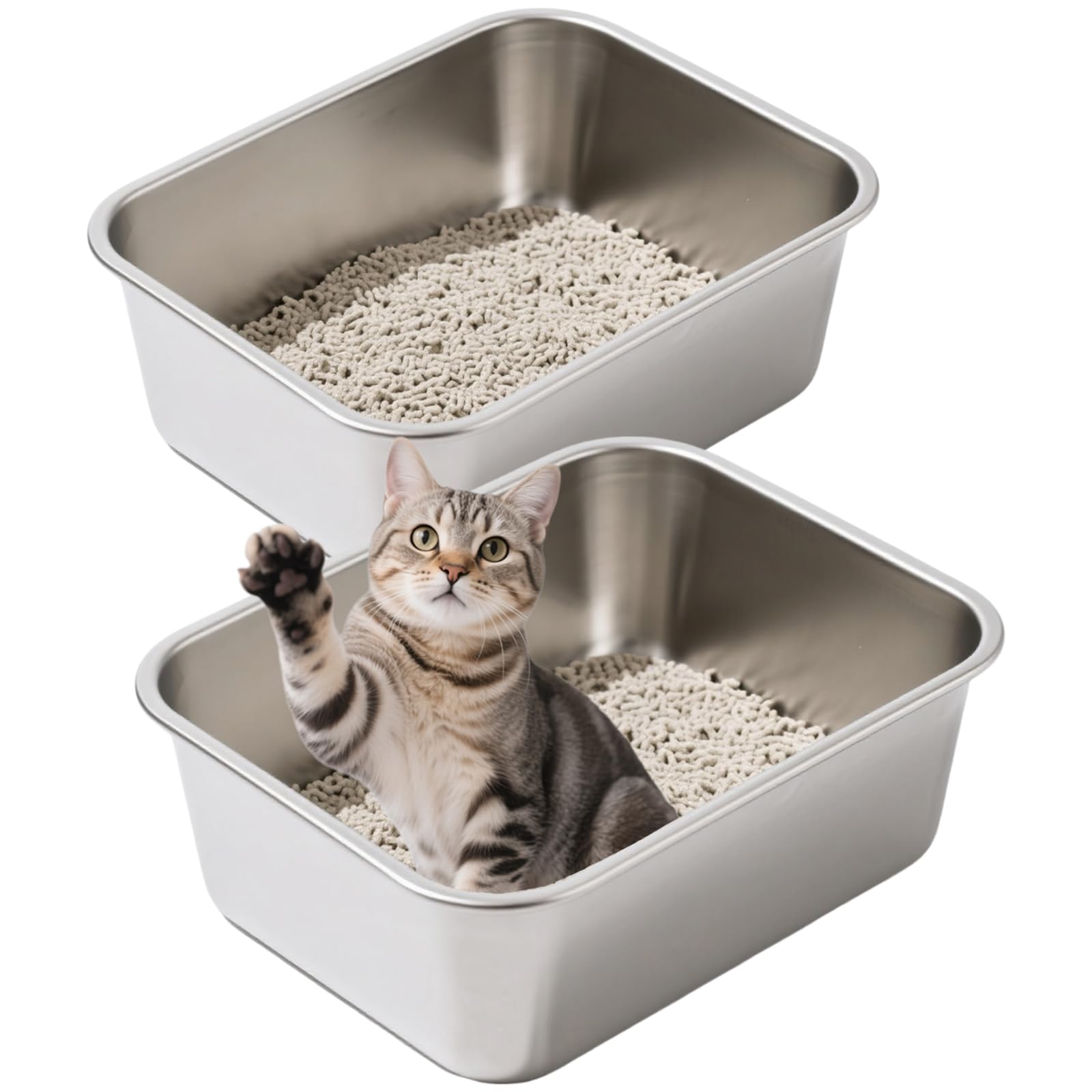 2 Pack Stainless Steel Cat Litter Box Large Metal Litter Pan Tray High Sided Cat Box, Pet Toilet Supplies for Indoor Cats Kitten Rabbit - Non Stick, No Smell, Easy to Clean - 17.72x13.78x5.91 Inch