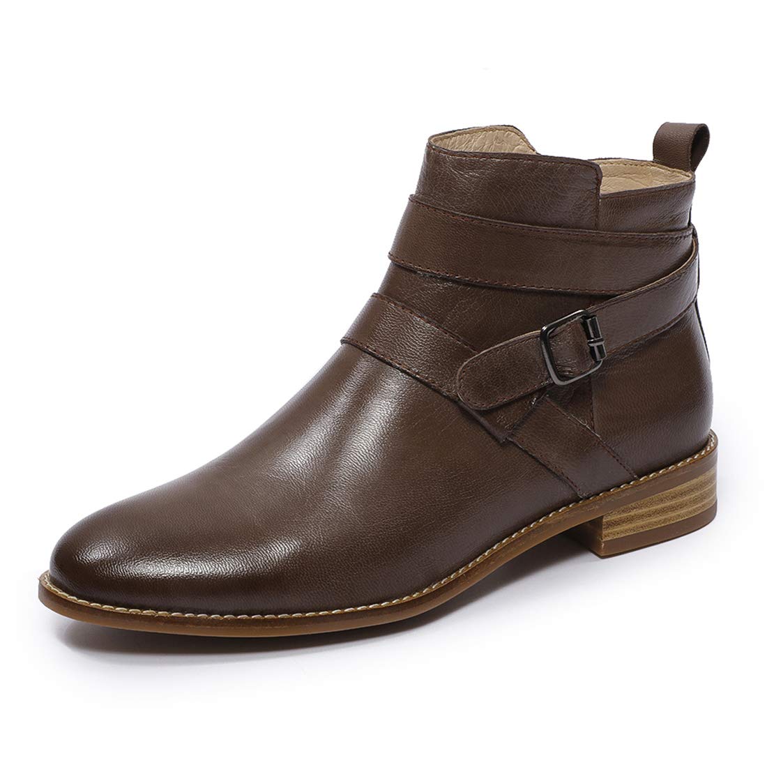 Mona flying Womens Leather Booties Ankle Boots with Side Zippers Low Heel Short Engineer Boots for Ladies