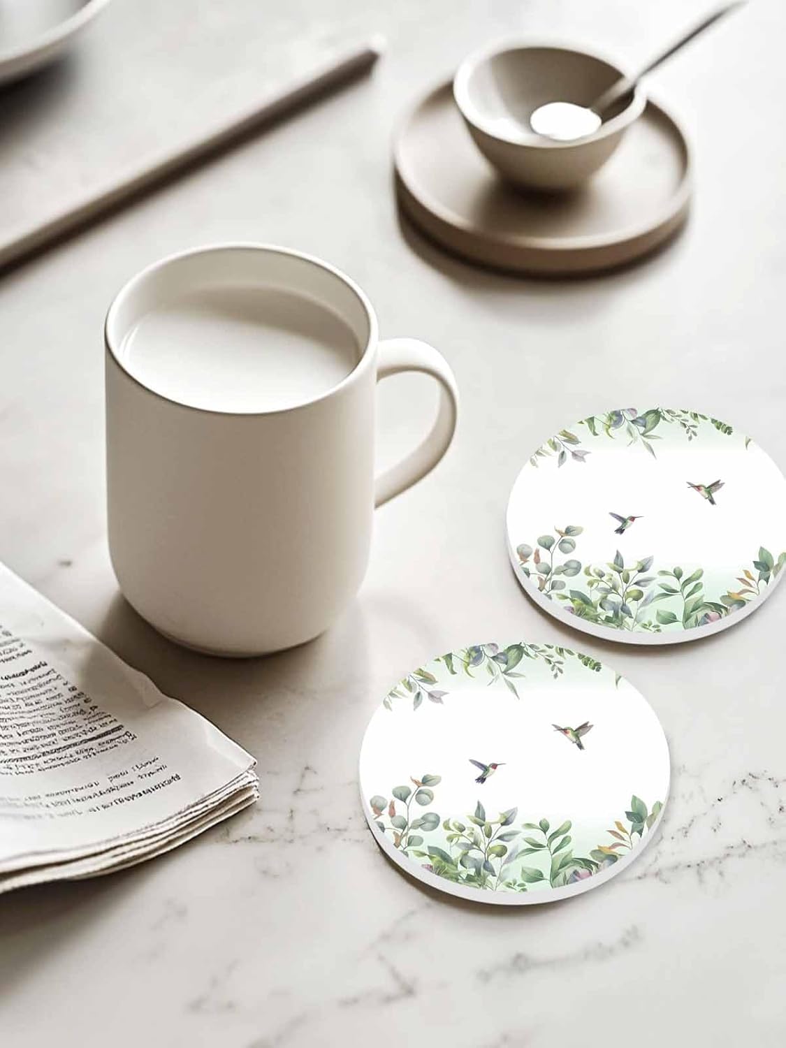 ウィリアムモリス柄 珪藻土コースター（アスベスト不使用） | Jubilee オフィシャルショップ 陶製コースター 円形 葉 植物 鳥 水彩 ホワイトバック 吸水 8枚セット 直径10.3cm×厚さ0.6cm 速乾 杯垫 滑り止め