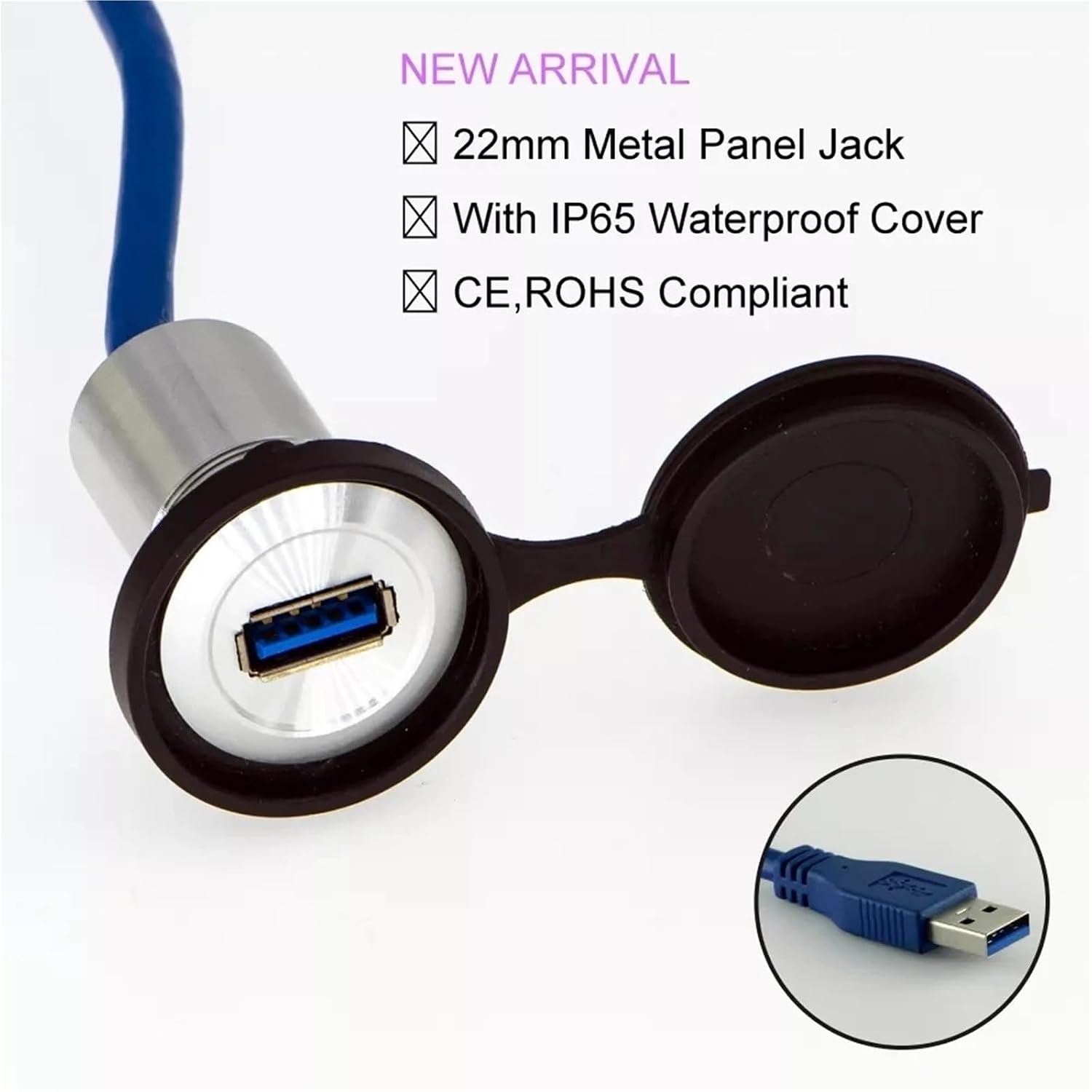 22mm USB Connector Socket Metal USB Connector/USB Socket (USB3.0 Female A - Male A with 60cm Wiring) | Black,60cm