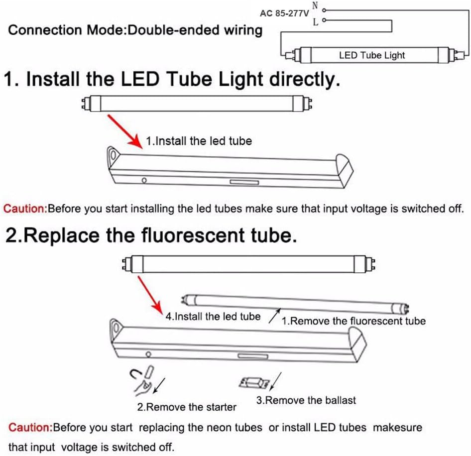 CYLED T8 2Ft 60cm 10-Watt Led Tube Light. Nortal White Color 5000K,Double Ended Input 20Watts Replacement Fluorescent Pack of 4 Units
