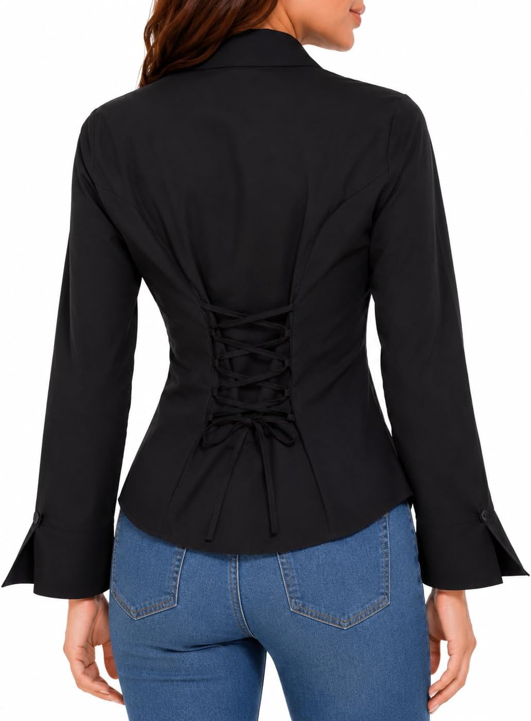 Sunzel Women's Lace-Up Back Blouse, Long Sleeve Fitted Button Down Going Out Top with Collar and Split Flared Cuffs