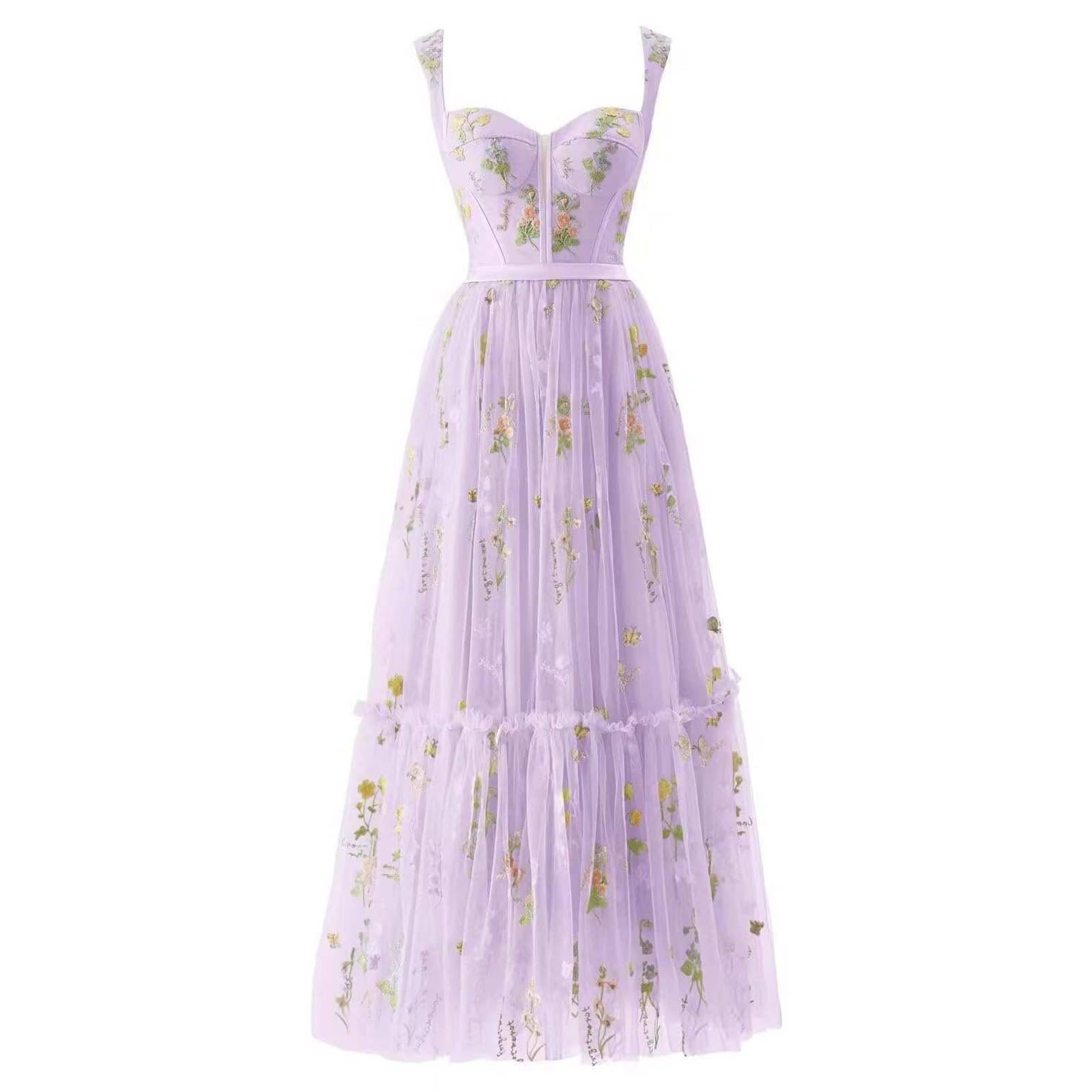 Generisch Abito da donna con ricamo floreale in tulle, corsetto, spalline sottili, abito da sposa, abito da sera formale, abito da festa, abito da cocktail, abito da damigella d'onore