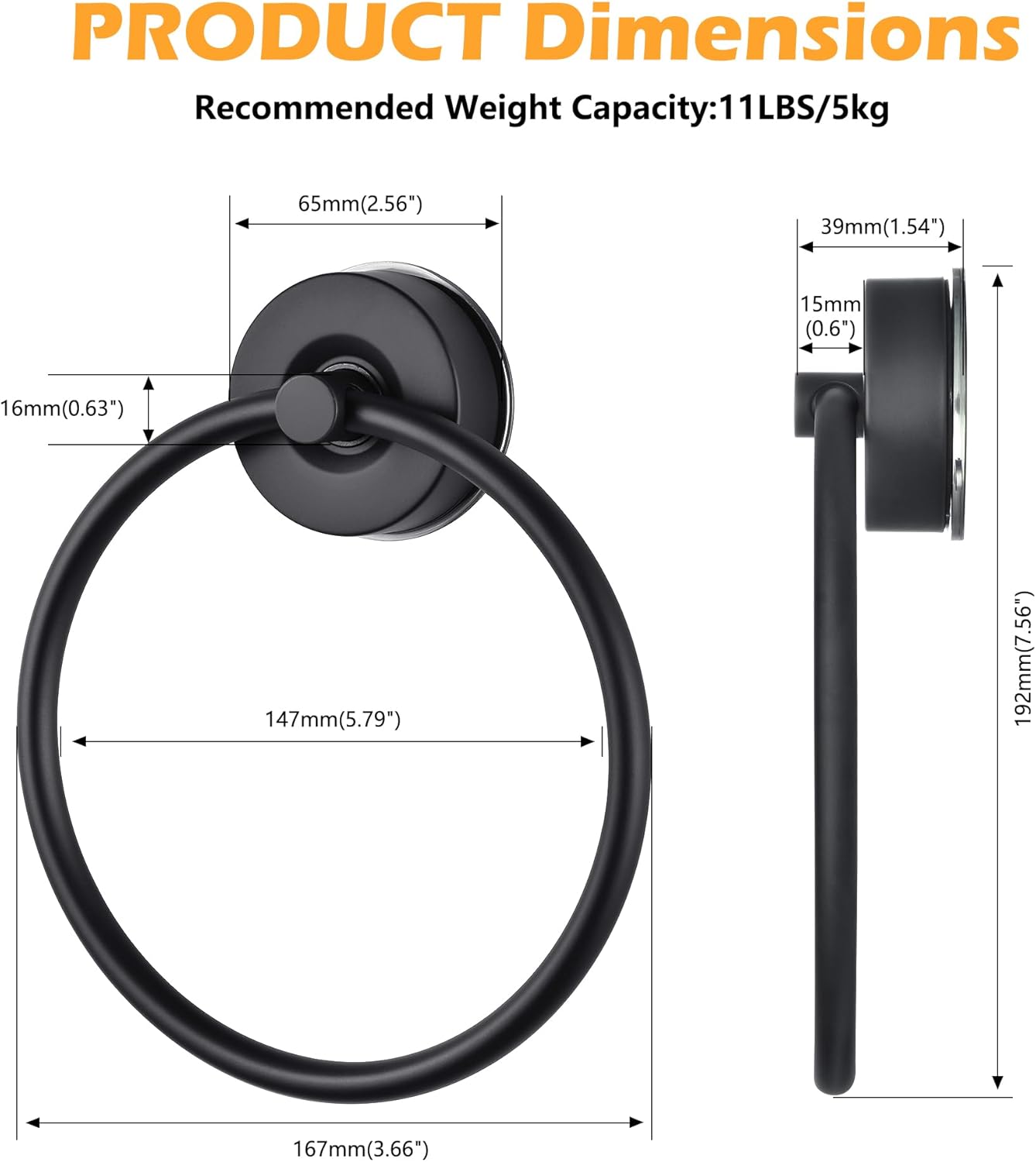 YOHOM Suction Cup Towel Ring Hand Towel Holder for Bathroom Vacuum Suction Washcloth Holder Dish Towel Hanger for Shower Wall No Drill Stainless Steel Matte Black, 2 PCS