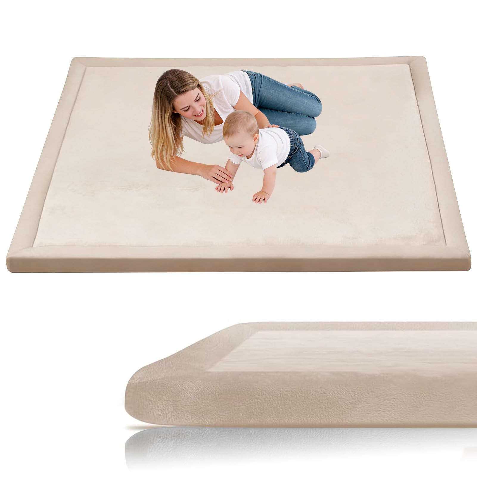 Stqyeiw Large Kids Crawling Play Mat 50 x 100 cm Cream Baby Play Mat, Large Thick Foam Playmat 3cm Memory Foam Mat Non Slip for Children Toddlers Babies Tummy Time Training Early Walking Playpen Mat