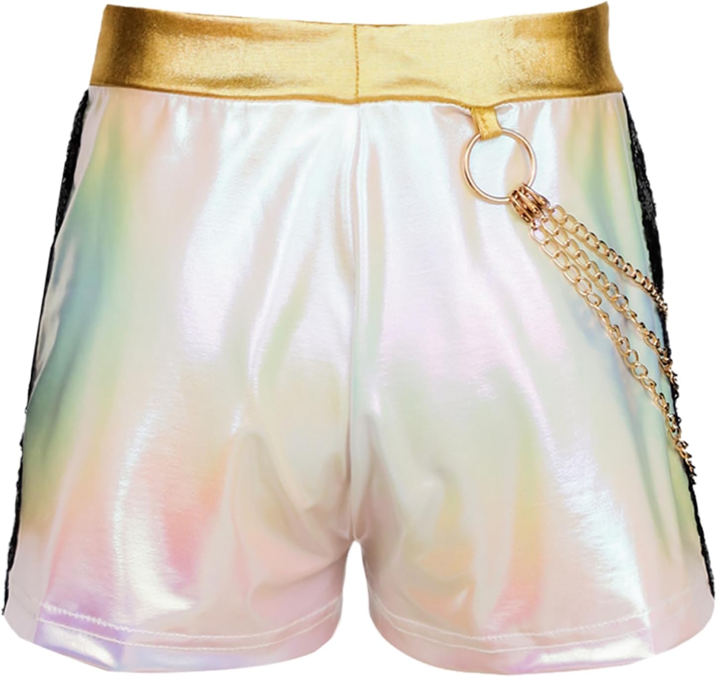 Yartina Girls Shiny Sparkle Shorts Gold Trim High Waist Dance Bottoms Tumbling Shorts for Performance Stage