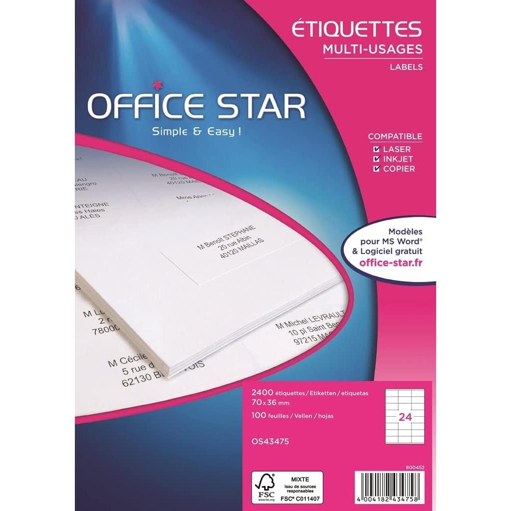 AVERY ZWECKFORM Lot de 5 OFFICEs STAR Boite de 2400 étiquettes multi-usage blanches 70X36mm OS43475