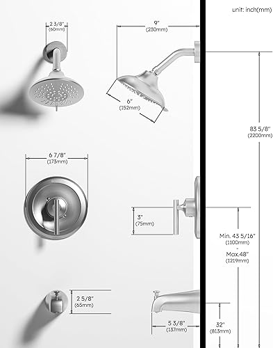 Miniatura 6 de WOWOW Kit de bañera de ducha de níquel cepillado, juego de grifo de ducha de latón con boquilla de bañera y cabezal de ducha de lluvia de 6