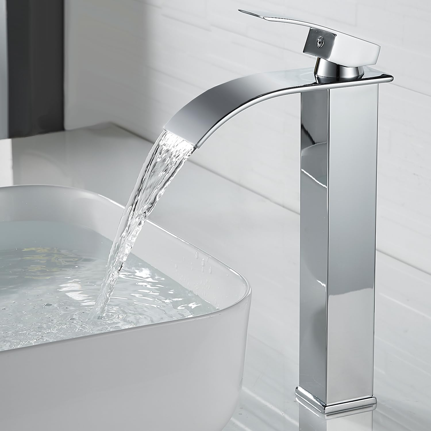 kisimixer Rubinetto Bagno Lavabo Alto Cascata, Miscelatore Lavabo Bagno Alto Cascata, Rubinetto Monocomando per Lavandino, Acqua Calda e Fredda Disponibile, Cromato