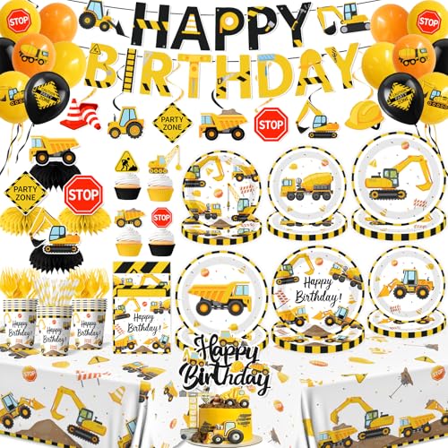 Construction Birthday Party Supplies All-in-1 Construction Birthday Decorations with Balloons Excavator Plates Napkins Cups Cake Topper Honeycomb Tablecloth and Banner for Boys Truck Party Serve 24