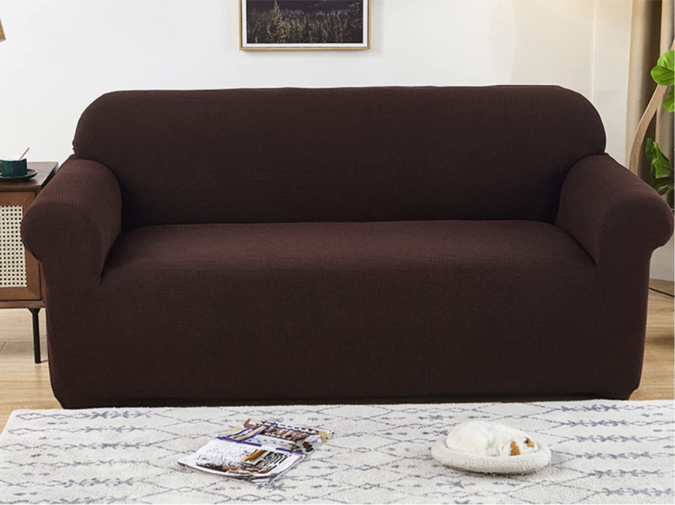 Housse de canapé imperméable 4 places marron foncé en jacquard extensible