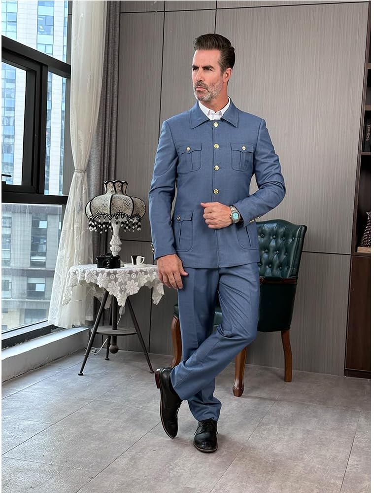 Men Suits Multi-Pocket Tuxedos 2 Pieces Jacket Button-Down Casual Suit with Gold Buttons