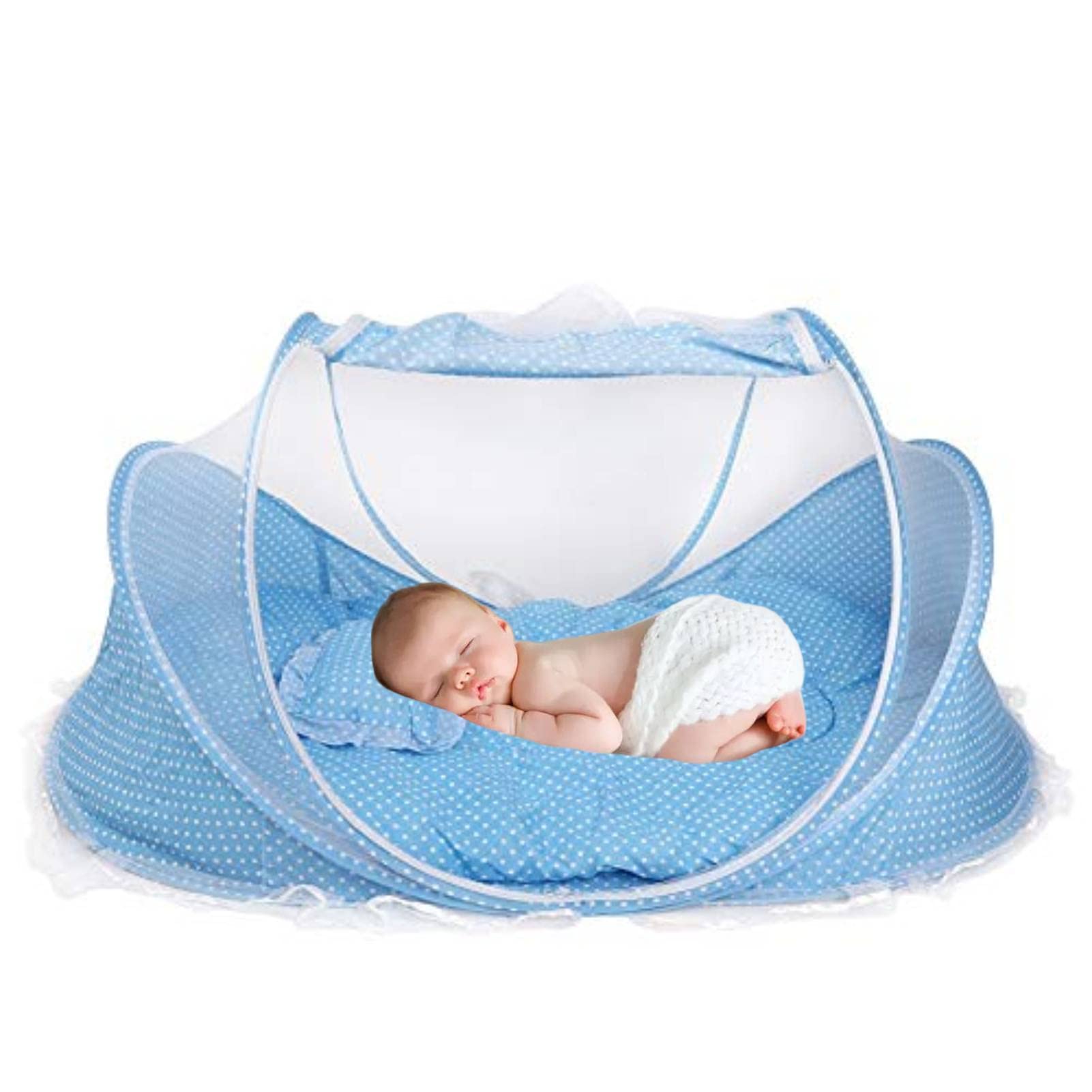 Hakeeta Blue Baby Travel Bed Crib, Foldable Baby Infant Cradle Anti-Bug Tent With Protective Mosquito Net, Portable With Mattress Pillow For 0-18 Month Baby Infant Outdoors And Indoors(Blue/Pink)(Blue)